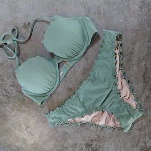 Shade & Shore Ruffle Bikini Set 34C Ruched Bottoms M Olive Green Cheeky